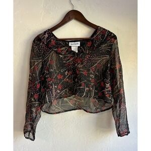 Vintage 90s Y2K Sheer Cropped Button Up Top L/XL Fairy Grunge Dainty Glitter